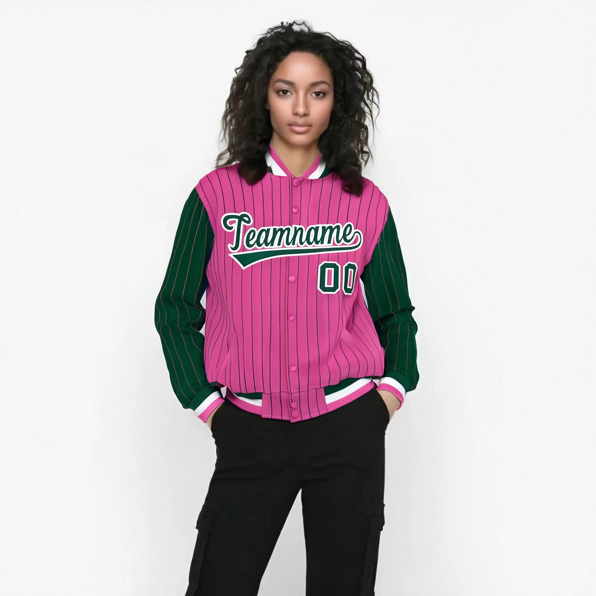 Custom Pink Green-Pink Personalized Stripe Fashion Letterman Bomber Varsity Jacket