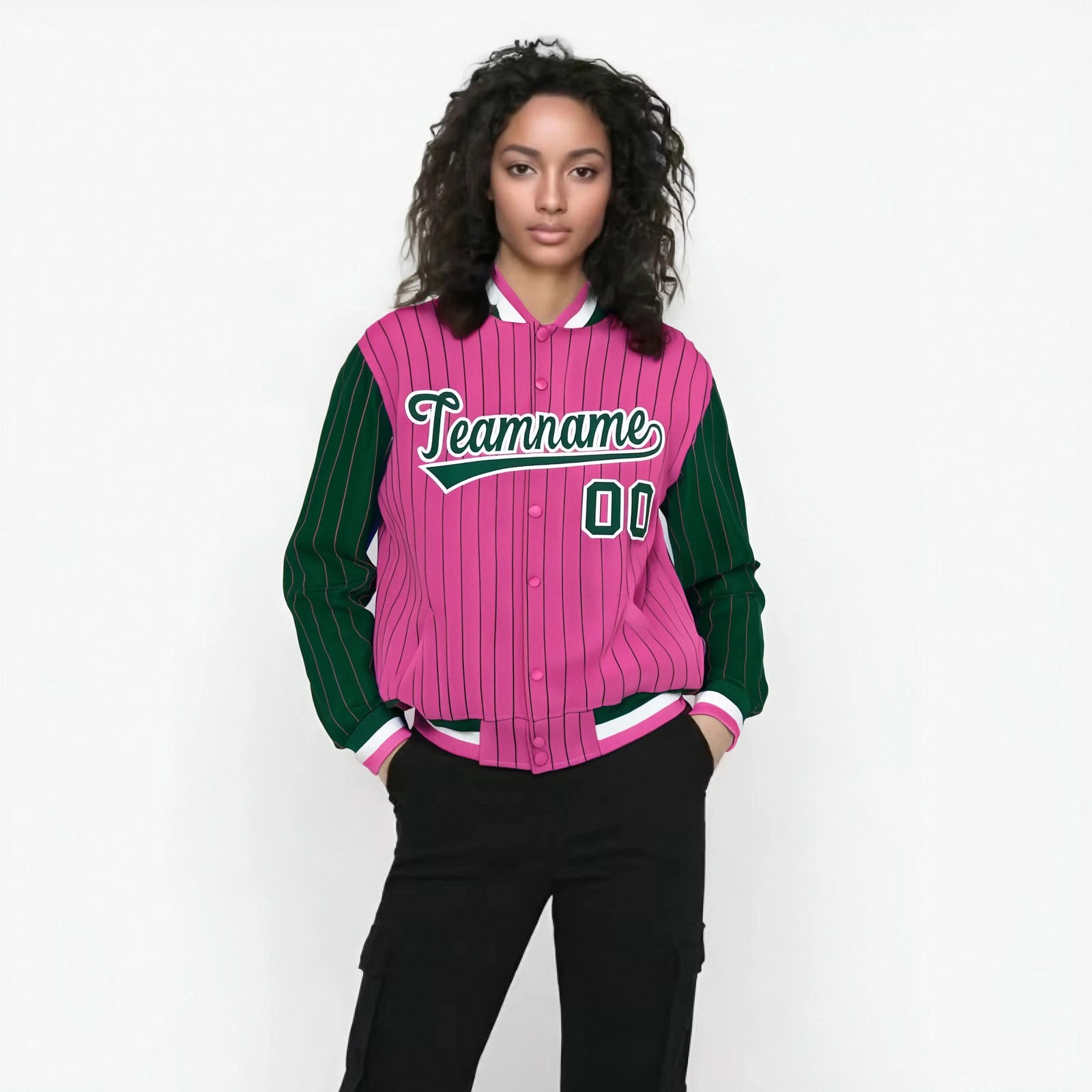Custom Pink Green-Pink Personalized Stripe Fashion Letterman Bomber Varsity Jacket