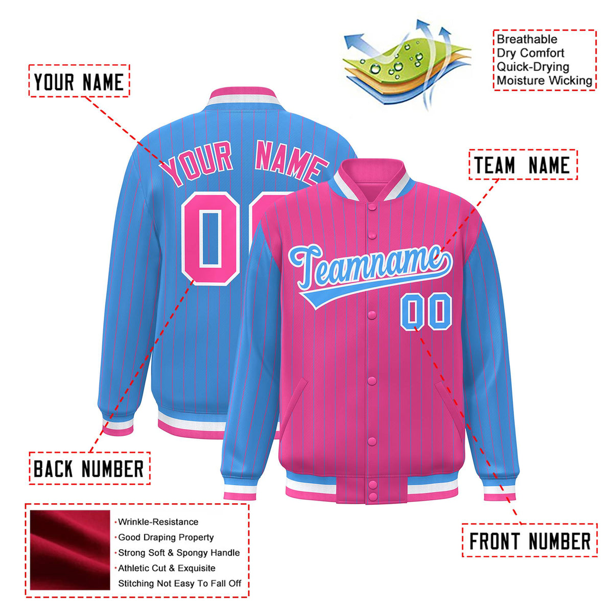 Custom Pink Powder Blue-Pink Personalized Stripe Fashion Letterman Bomber Varsity Jacket