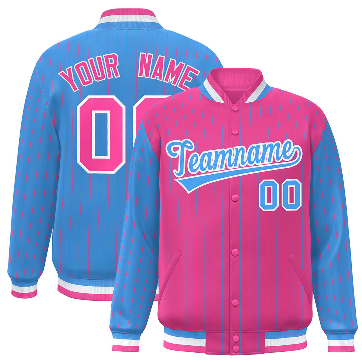 Custom Pink Powder Blue-Pink Personalized Stripe Fashion Letterman Bomber Varsity Jacket