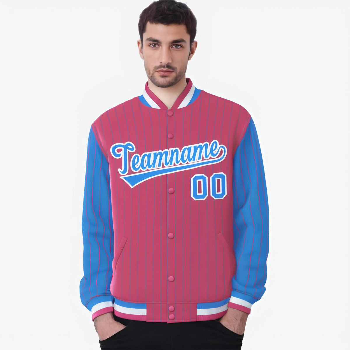 Custom Pink Powder Blue-Pink Personalized Stripe Fashion Letterman Bomber Varsity Jacket