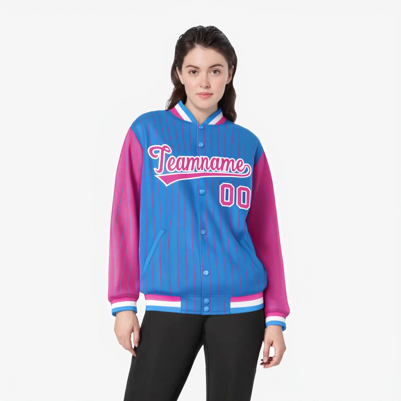 Custom Powder Blue Pink-Powder Blue Personalized Stripe Fashion Letterman Bomber Varsity Jacket