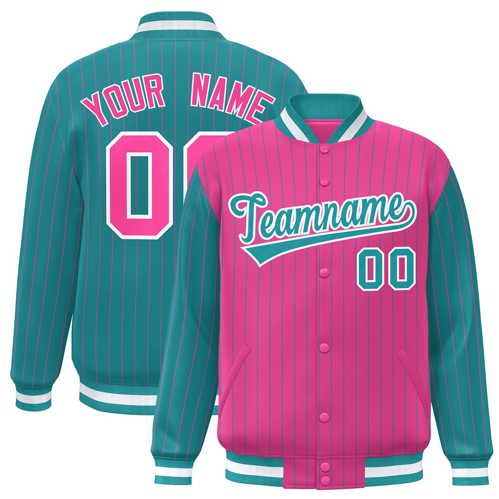 Custom Pink Aqua-Pink Personalized Stripe Fashion Letterman Bomber Varsity Jacket