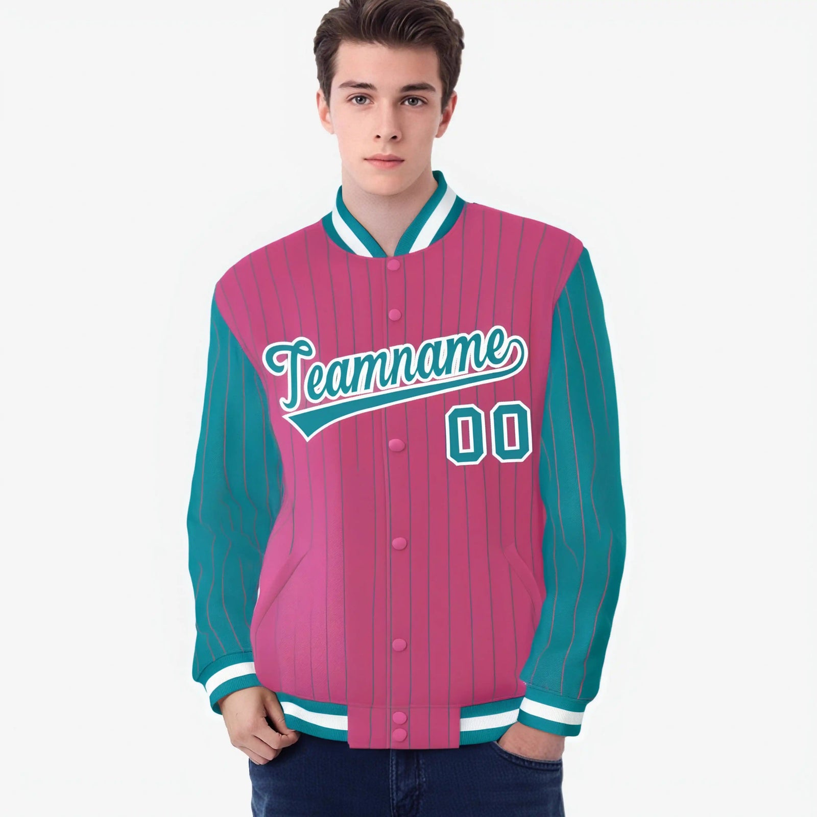 Custom Pink Aqua-Pink Personalized Stripe Fashion Letterman Bomber Varsity Jacket