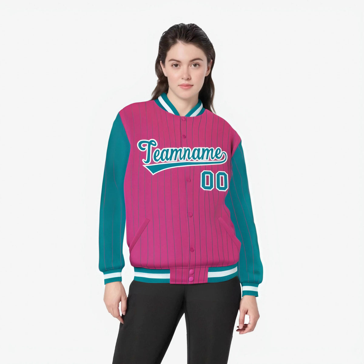Custom Pink Aqua-Pink Personalized Stripe Fashion Letterman Bomber Varsity Jacket