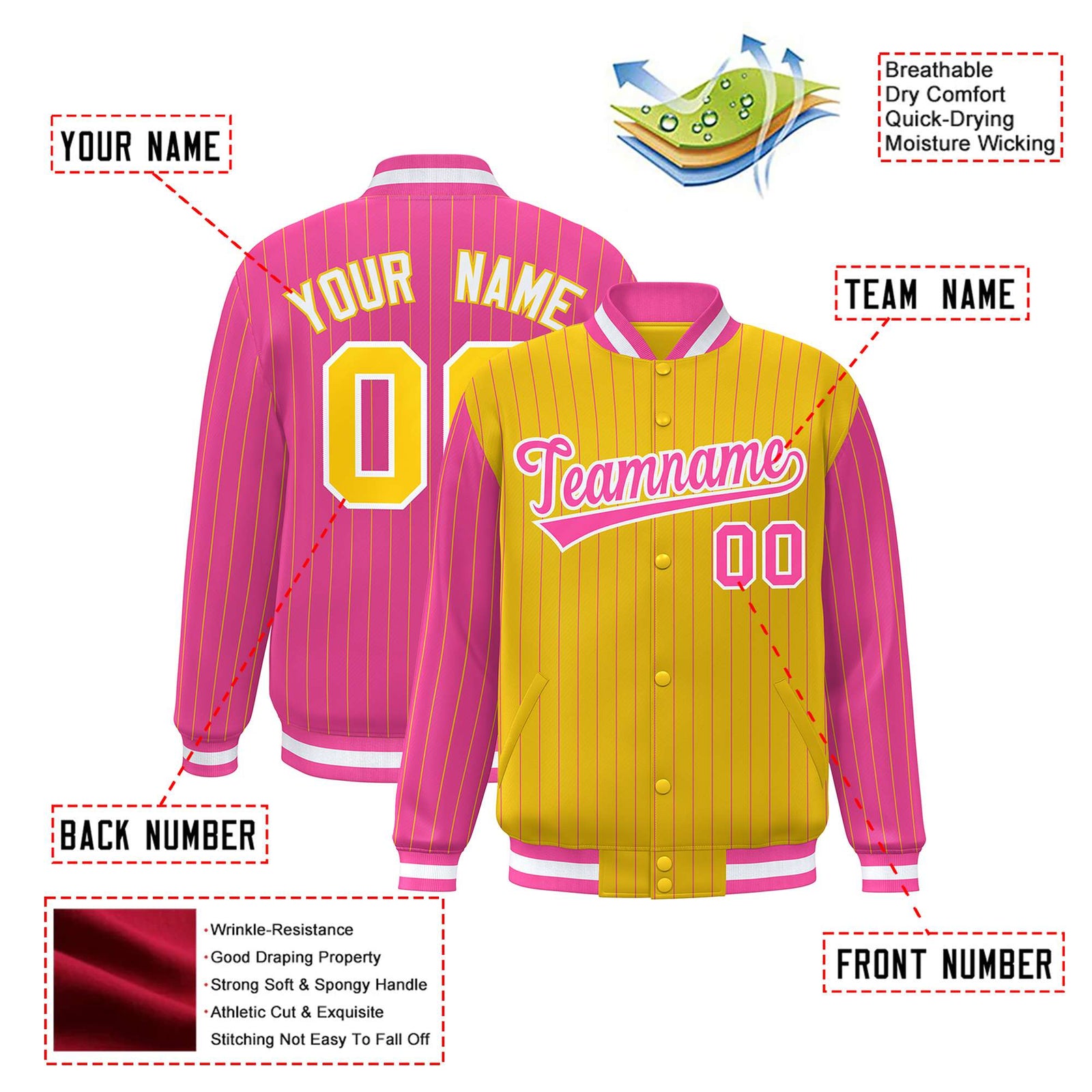 Custom Gold Pink-Gold Personalized Stripe Fashion Letterman Bomber Varsity Jacket