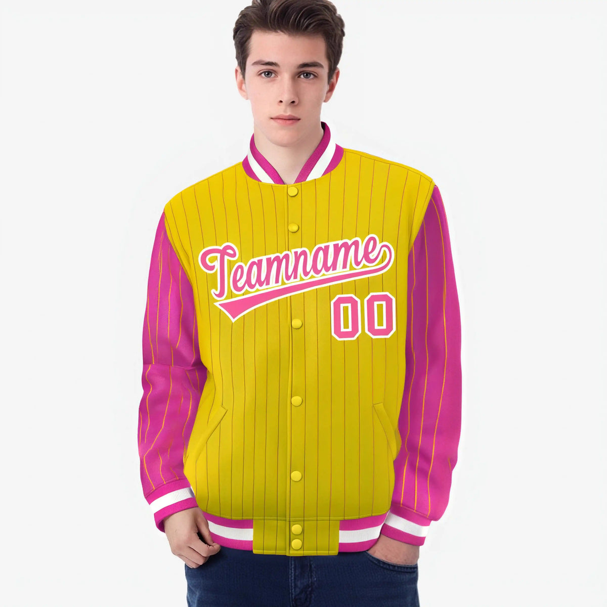 Custom Gold Pink-Gold Personalized Stripe Fashion Letterman Bomber Varsity Jacket