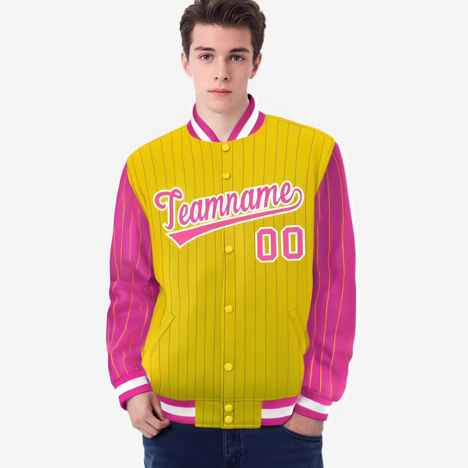 Custom Gold Pink-Gold Personalized Stripe Fashion Letterman Bomber Varsity Jacket