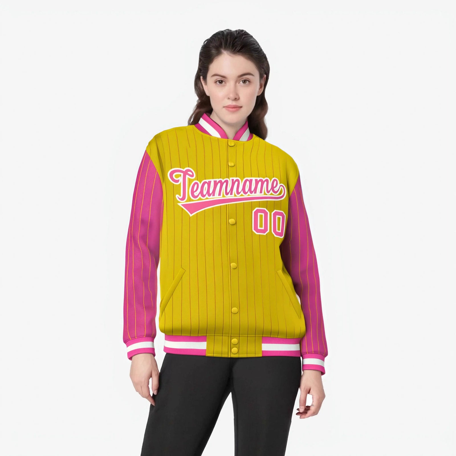 Custom Gold Pink-Gold Personalized Stripe Fashion Letterman Bomber Varsity Jacket