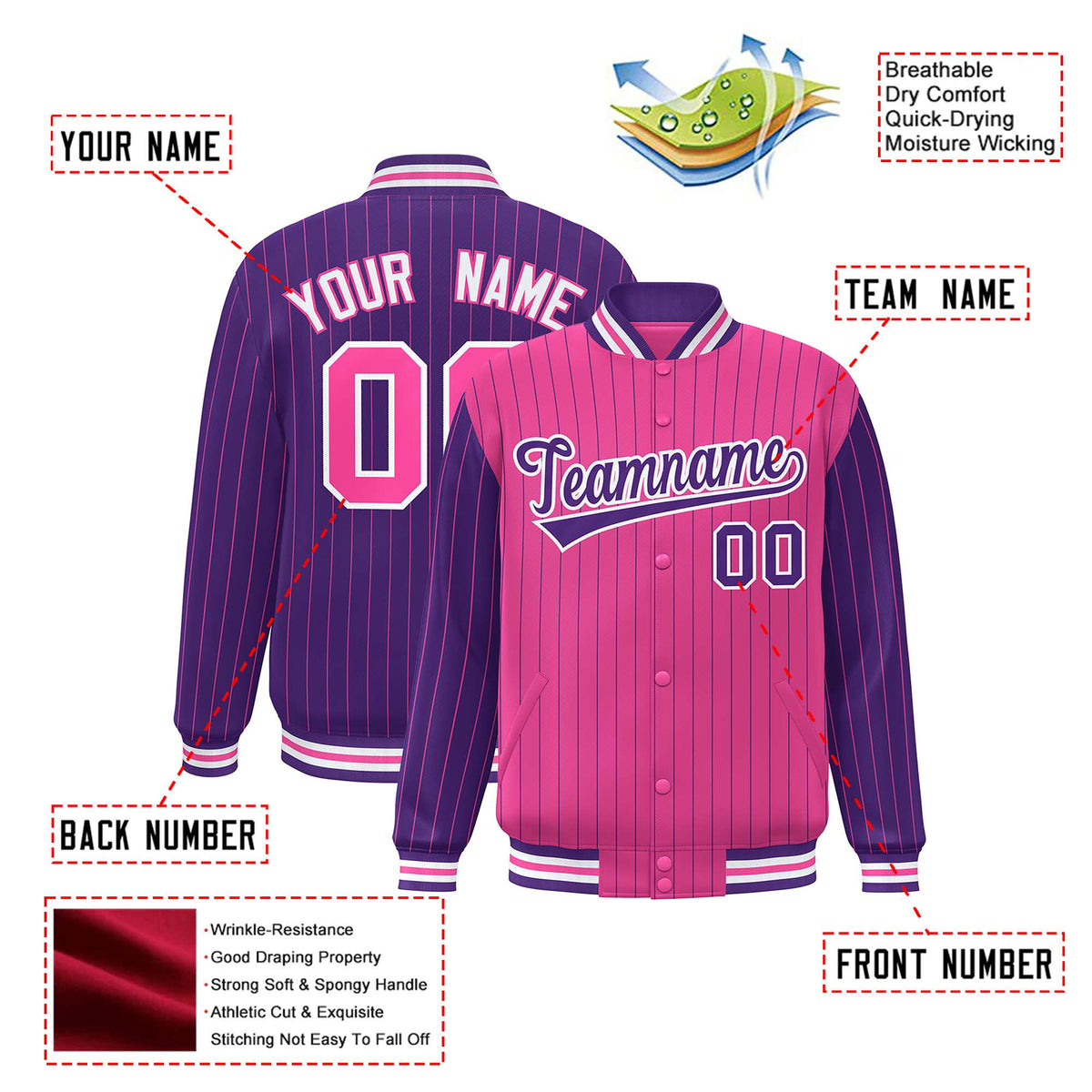 Custom Pink Purple-Pink Personalized Stripe Fashion Letterman Bomber Varsity Jacket
