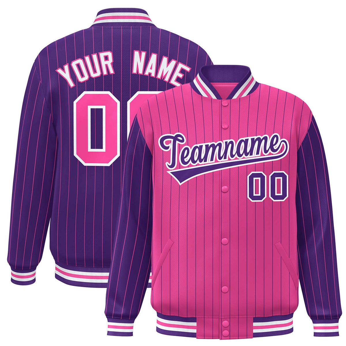 Custom Pink Purple-Pink Personalized Stripe Fashion Letterman Bomber Varsity Jacket