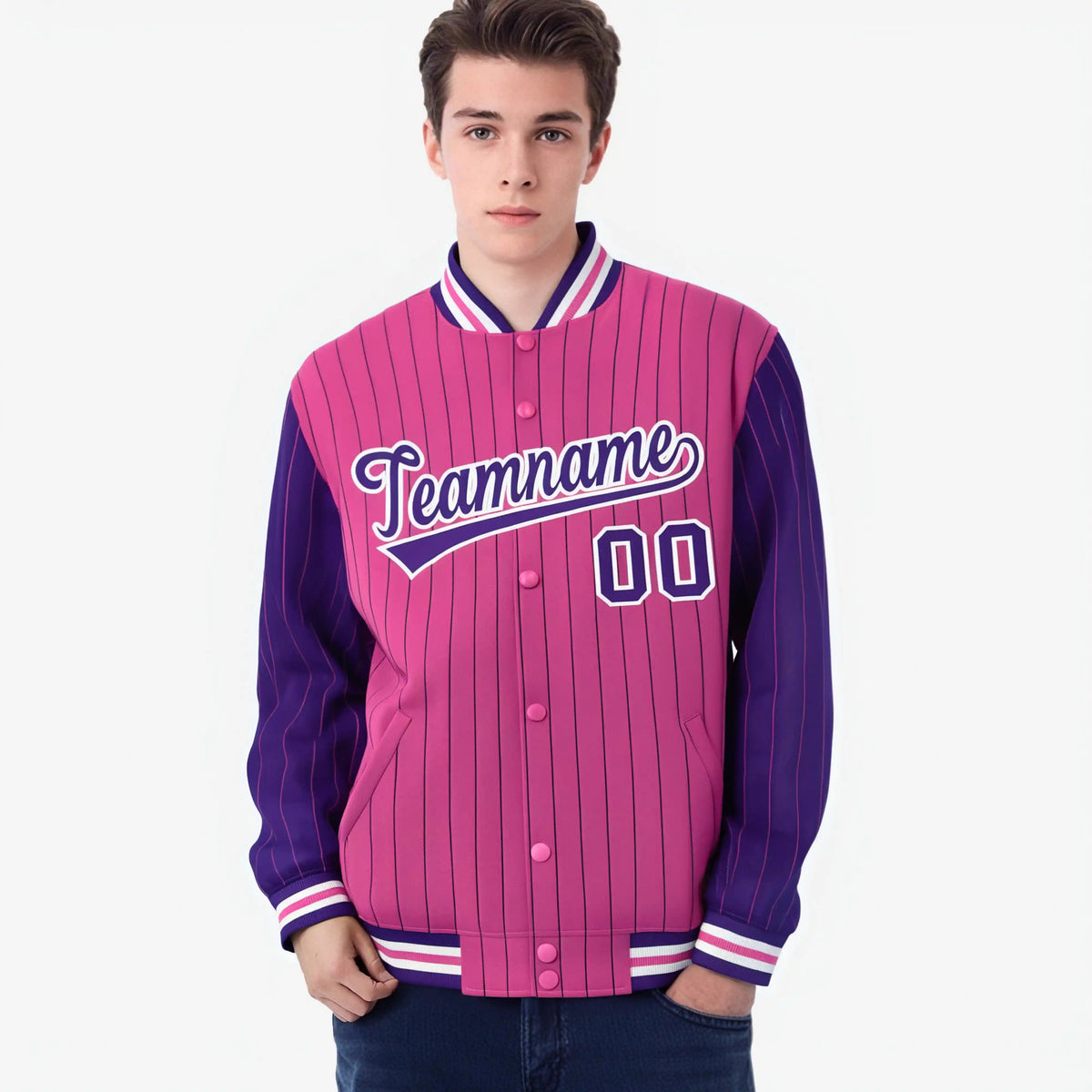 Custom Pink Purple-Pink Personalized Stripe Fashion Letterman Bomber Varsity Jacket