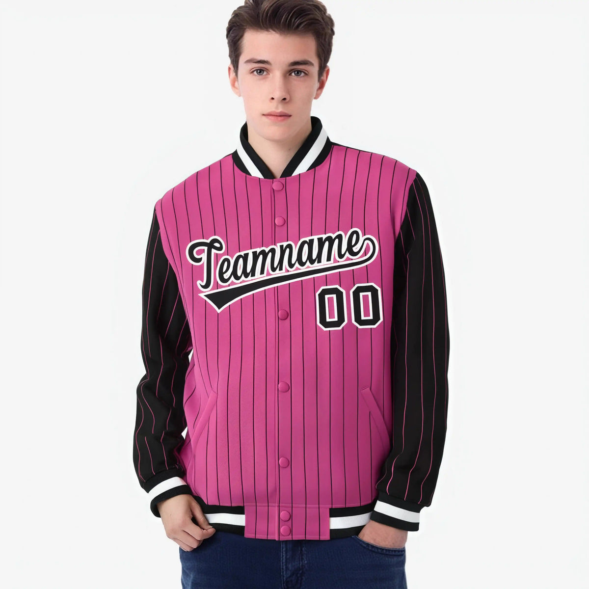 Custom Pink Black-Pink Personalized Stripe Fashion Letterman Bomber Varsity Jacket