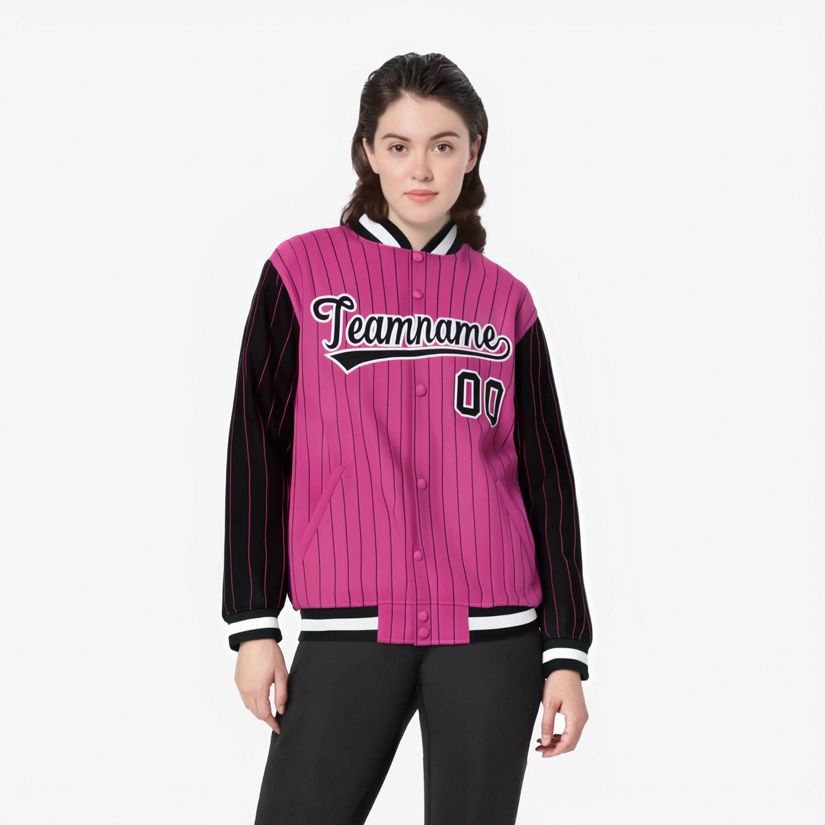 Custom Pink Black-Pink Personalized Stripe Fashion Letterman Bomber Varsity Jacket