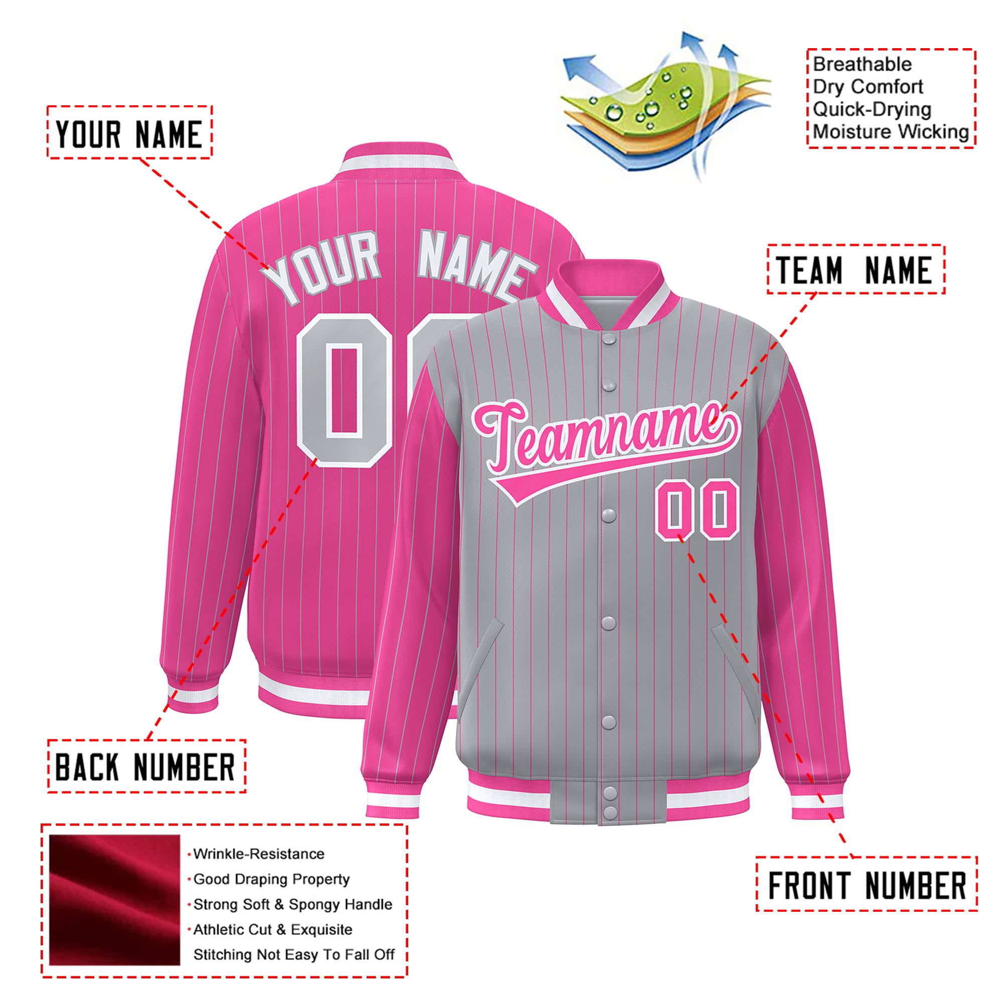 Custom Gray Pink-Gray Personalized Stripe Fashion Letterman Bomber Varsity Jacket