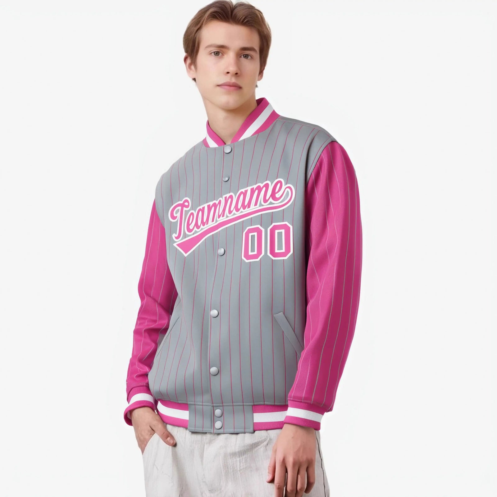 Custom Gray Pink-Gray Personalized Stripe Fashion Letterman Bomber Varsity Jacket