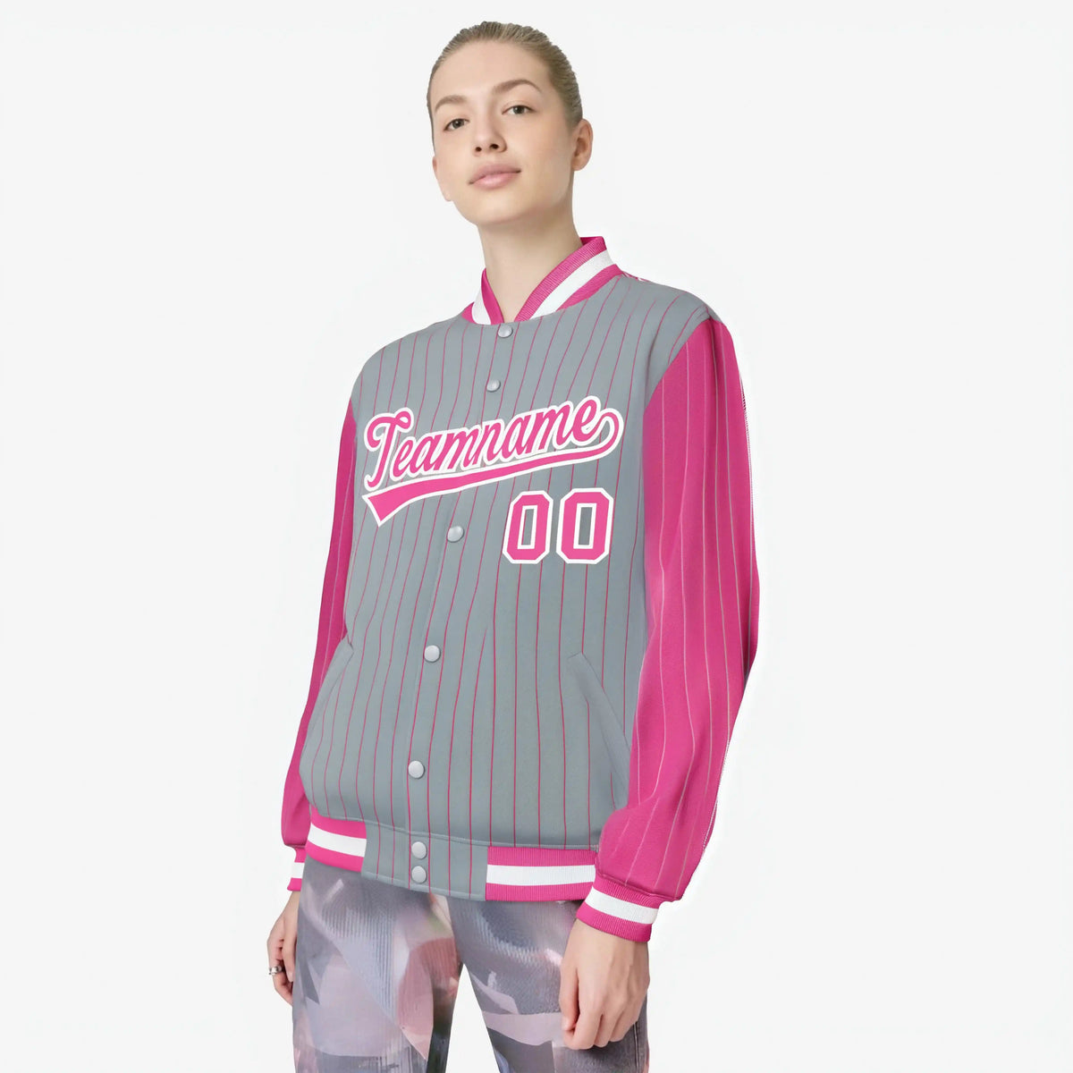 Custom Gray Pink-Gray Personalized Stripe Fashion Letterman Bomber Varsity Jacket