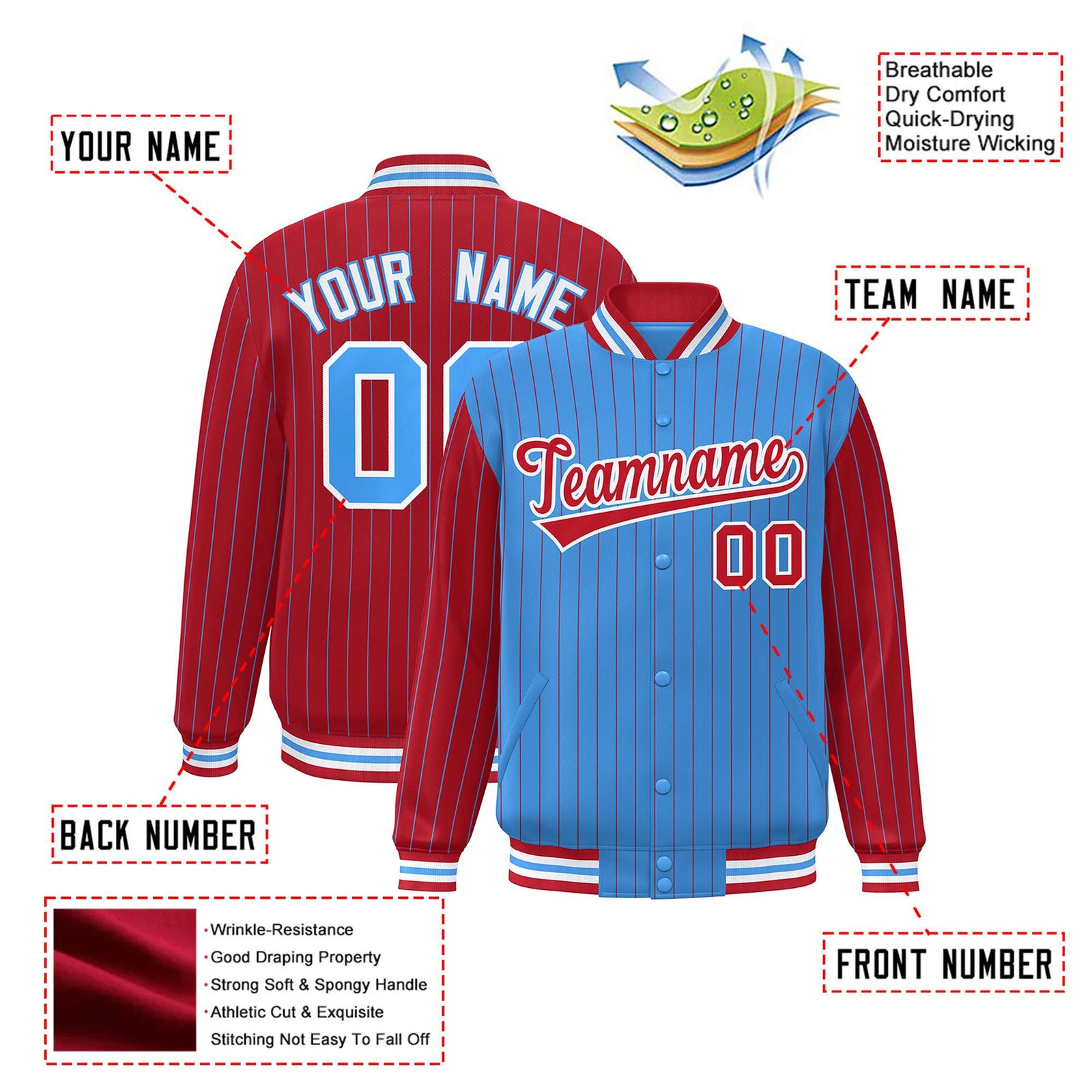 Custom Powder Blue Red-Powder Blue Personalized Stripe Fashion Letterman Bomber Varsity Jacket