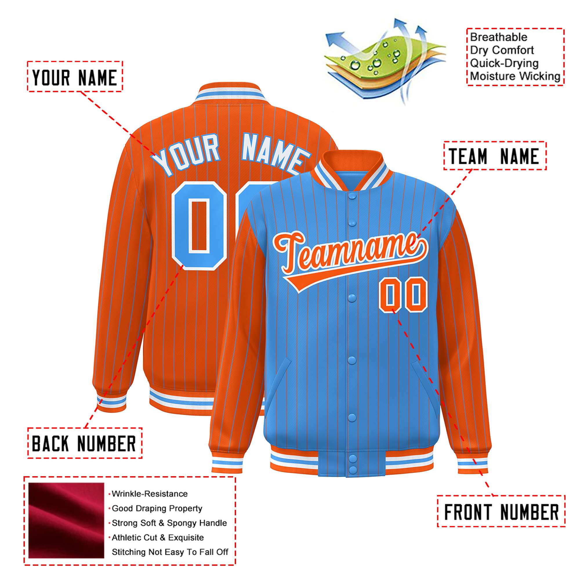 Custom Powder Blue Orange-Powder Blue Personalized Stripe Fashion Letterman Bomber Varsity Jacket