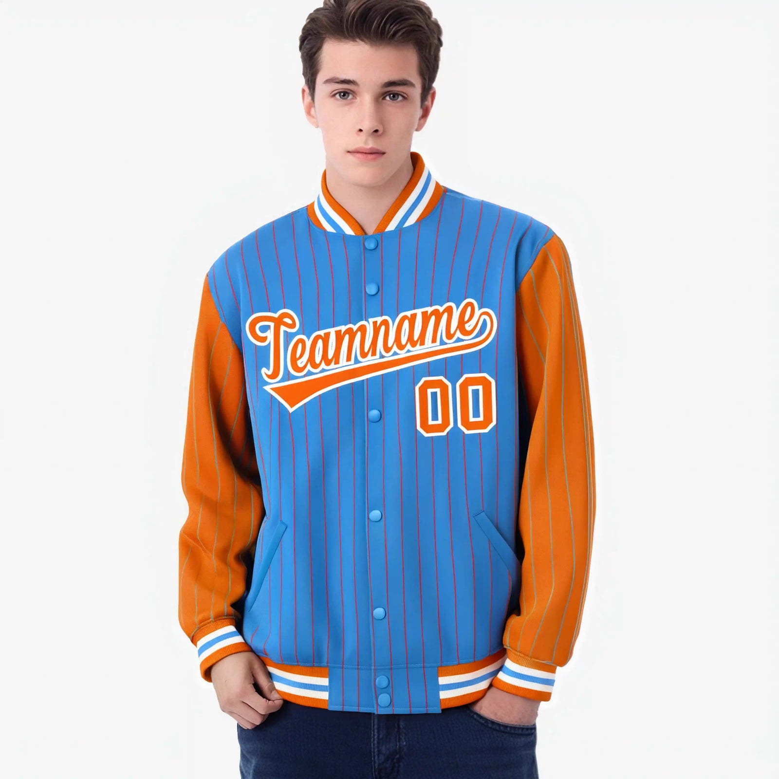 Custom Powder Blue Orange-Powder Blue Personalized Stripe Fashion Letterman Bomber Varsity Jacket
