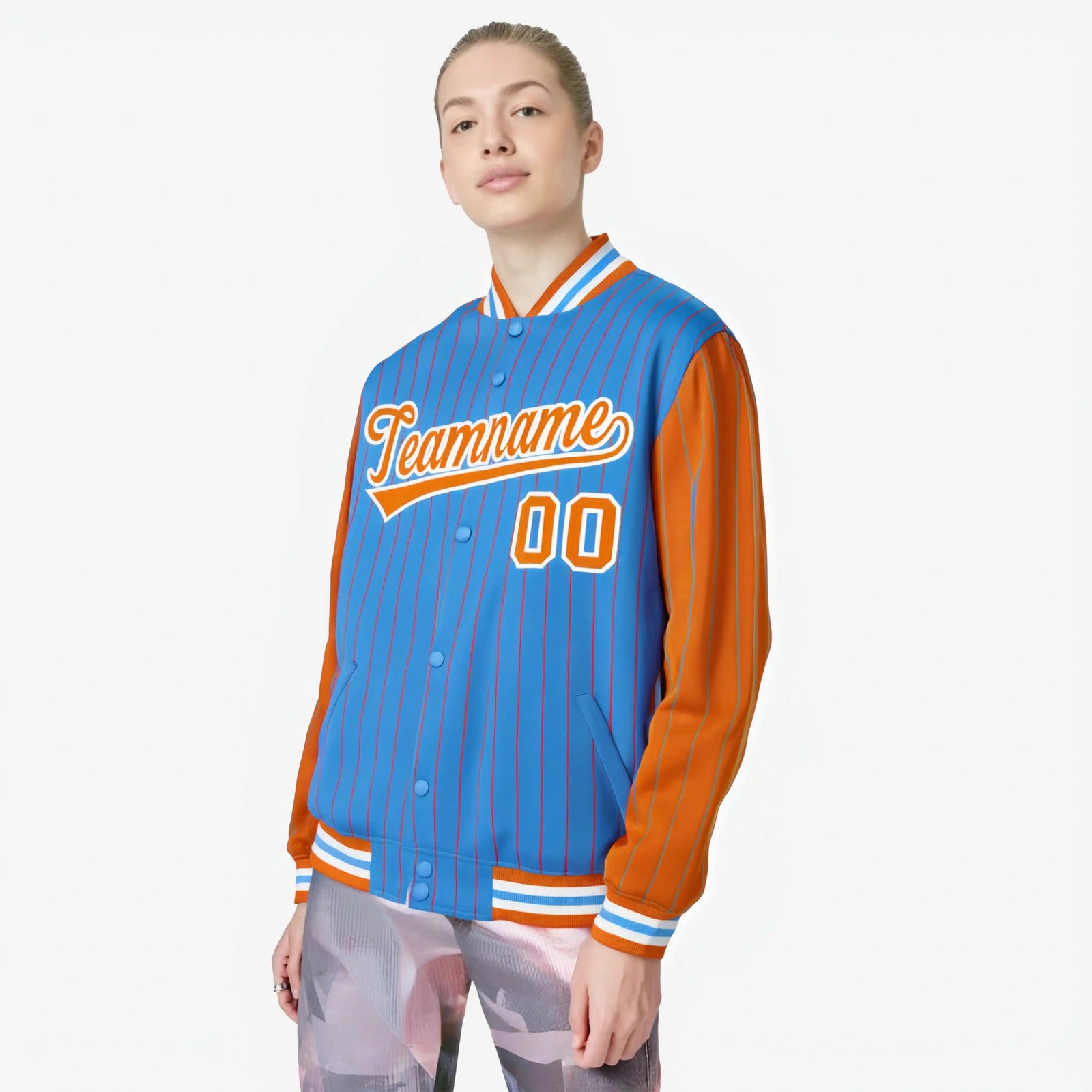 Custom Powder Blue Orange-Powder Blue Personalized Stripe Fashion Letterman Bomber Varsity Jacket
