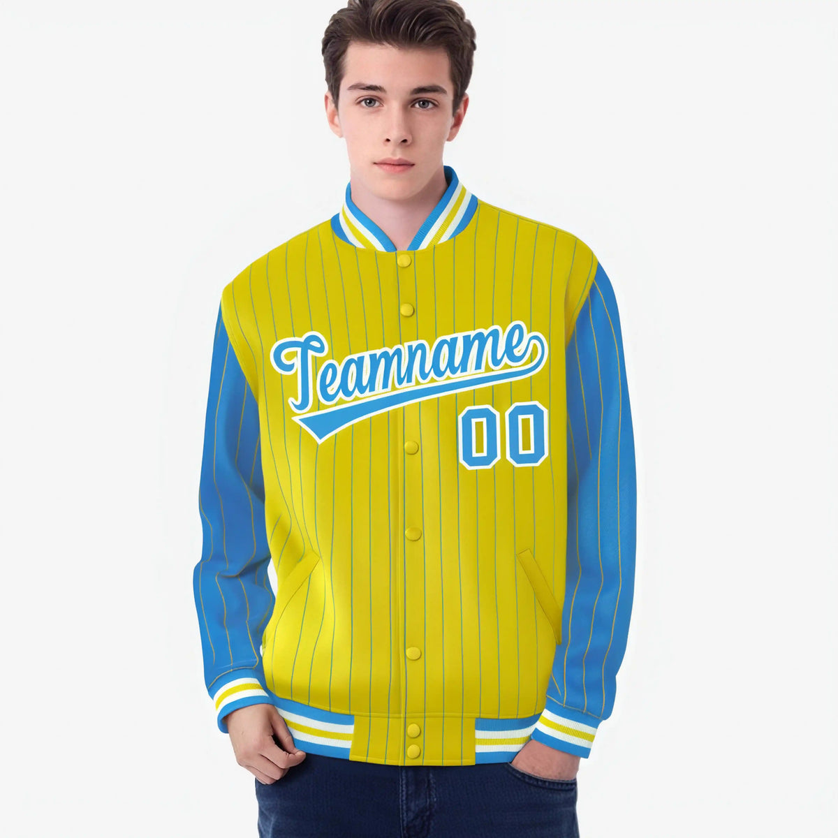 Custom Powder Blue Gold-Powder Blue Personalized Stripe Fashion Letterman Bomber Varsity Jacket