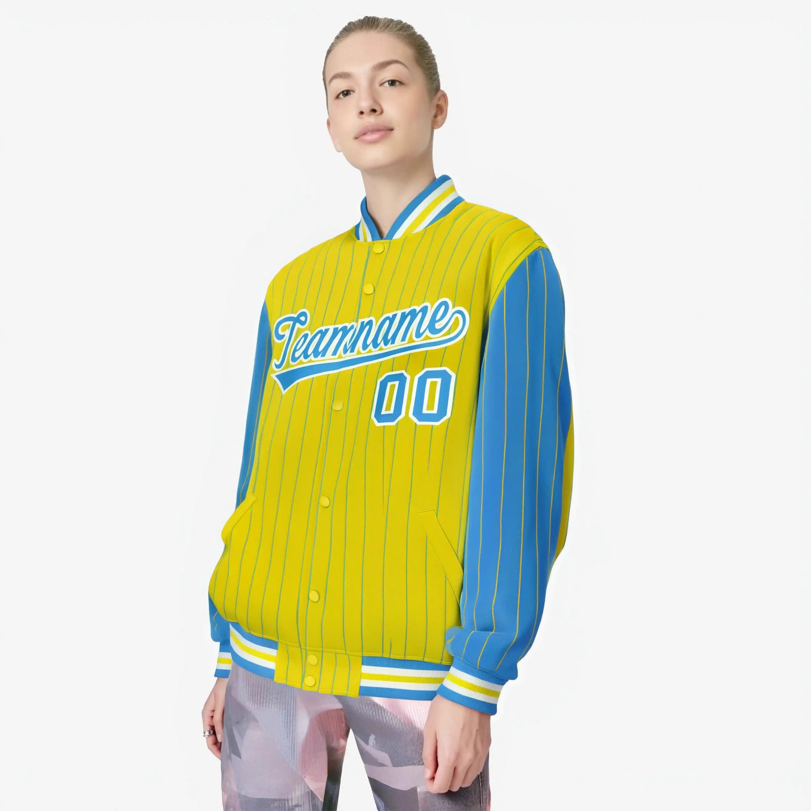 Custom Powder Blue Gold-Powder Blue Personalized Stripe Fashion Letterman Bomber Varsity Jacket