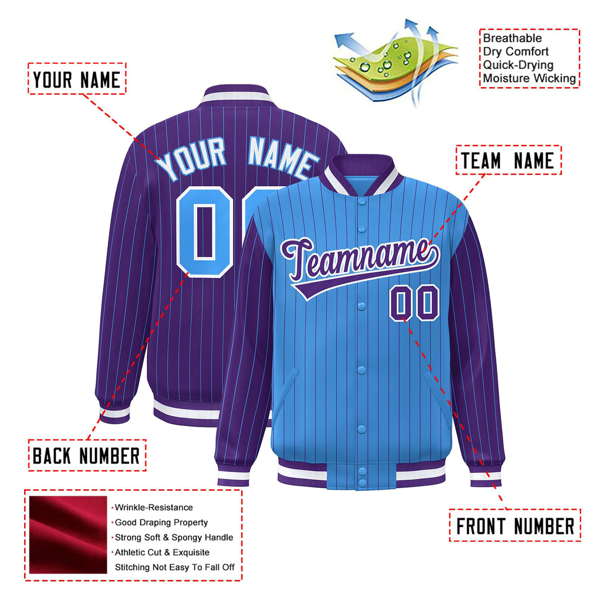 Custom Powder Blue Purple-Powder Blue Personalized Stripe Fashion Letterman Bomber Varsity Jacket