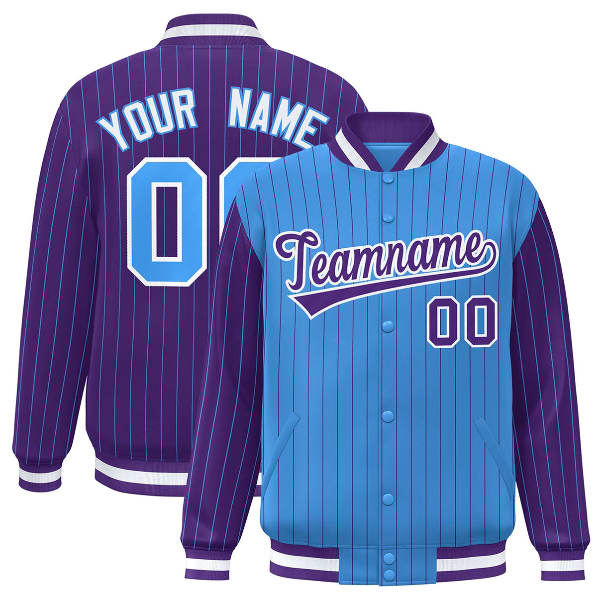 Custom Powder Blue Purple-Powder Blue Personalized Stripe Fashion Letterman Bomber Varsity Jacket