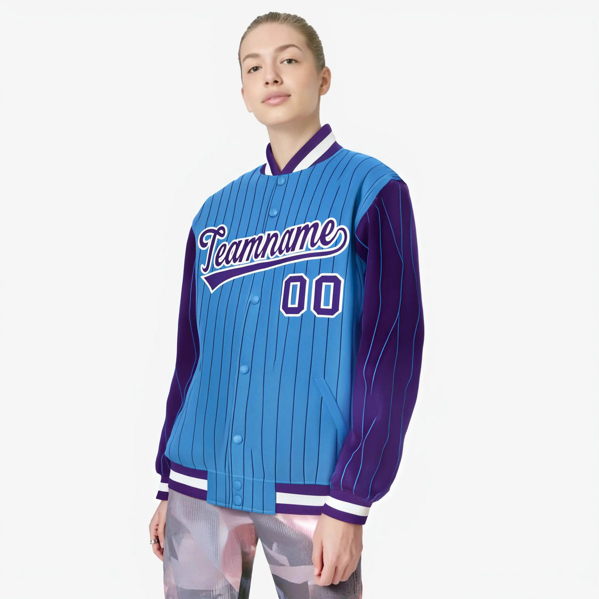 Custom Powder Blue Purple-Powder Blue Personalized Stripe Fashion Letterman Bomber Varsity Jacket