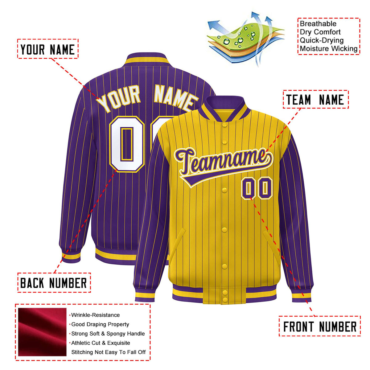 Custom Gold Purple-Gold Personalized Stripe Fashion Letterman Bomber Varsity Jacket