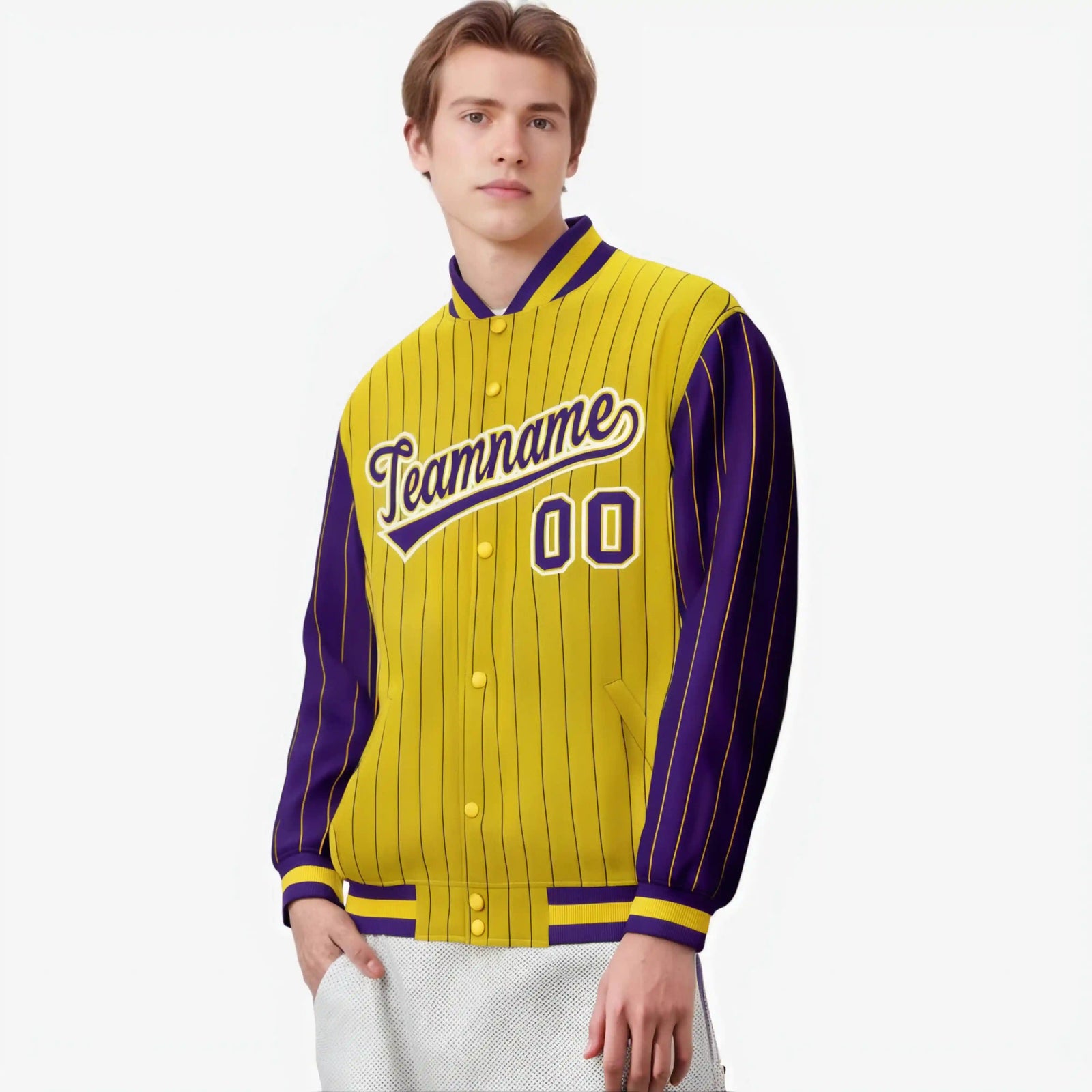 Custom Gold Purple-Gold Personalized Stripe Fashion Letterman Bomber Varsity Jacket