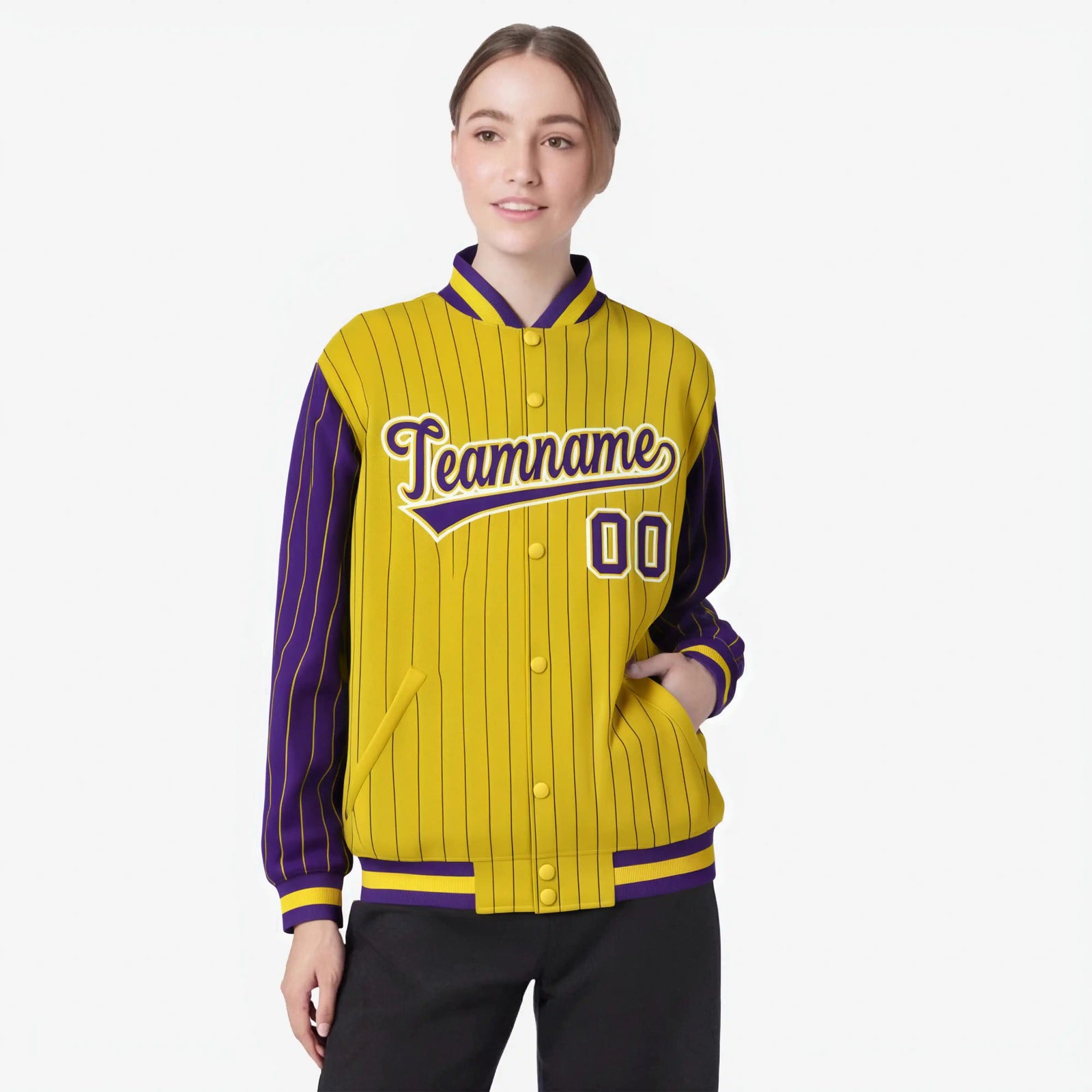 Custom Gold Purple-Gold Personalized Stripe Fashion Letterman Bomber Varsity Jacket
