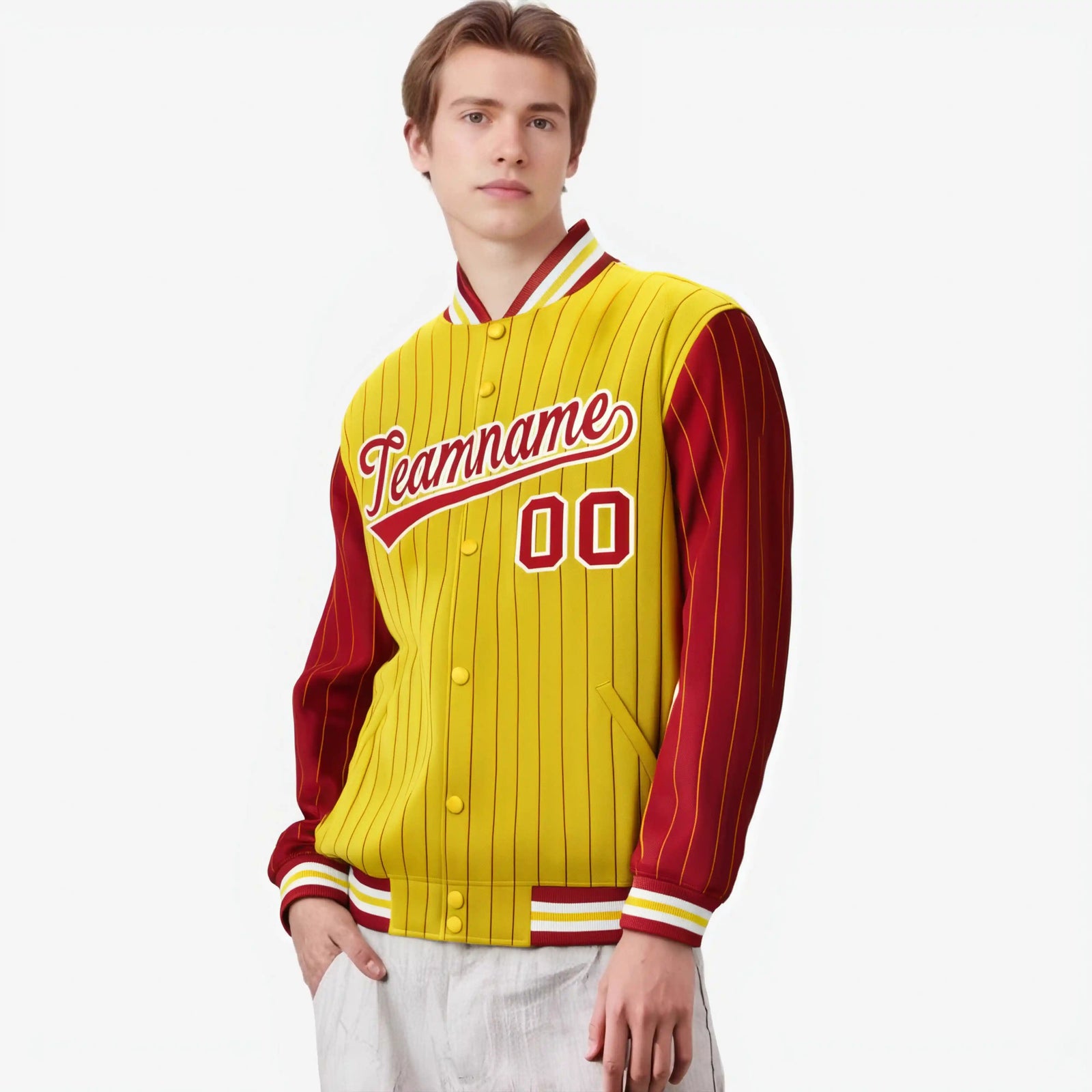 Custom Gold Red-Gold Personalized Stripe Fashion Letterman Bomber Varsity Jacket