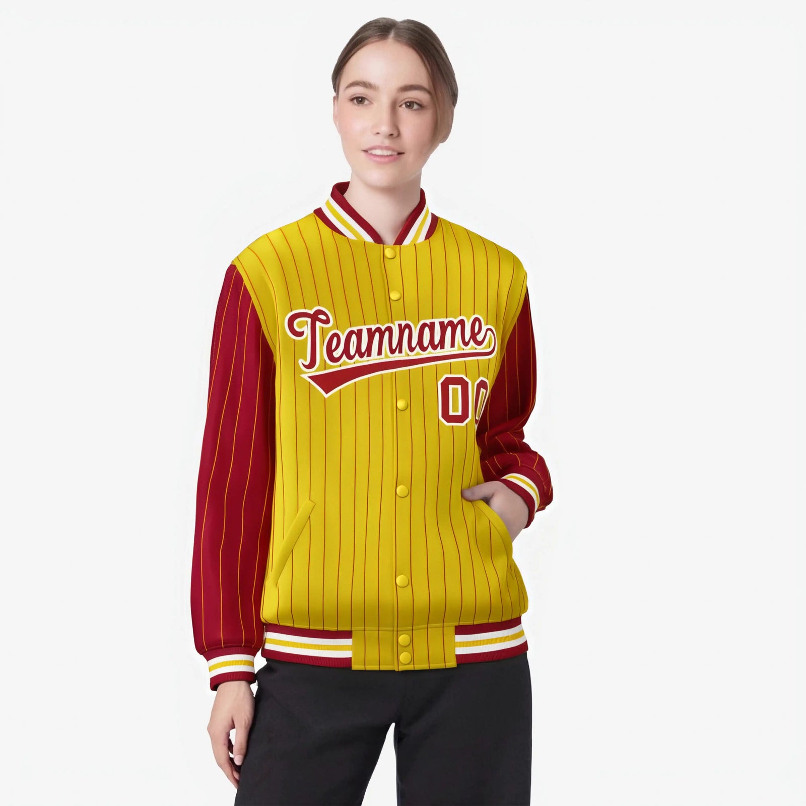 Custom Gold Red-Gold Personalized Stripe Fashion Letterman Bomber Varsity Jacket