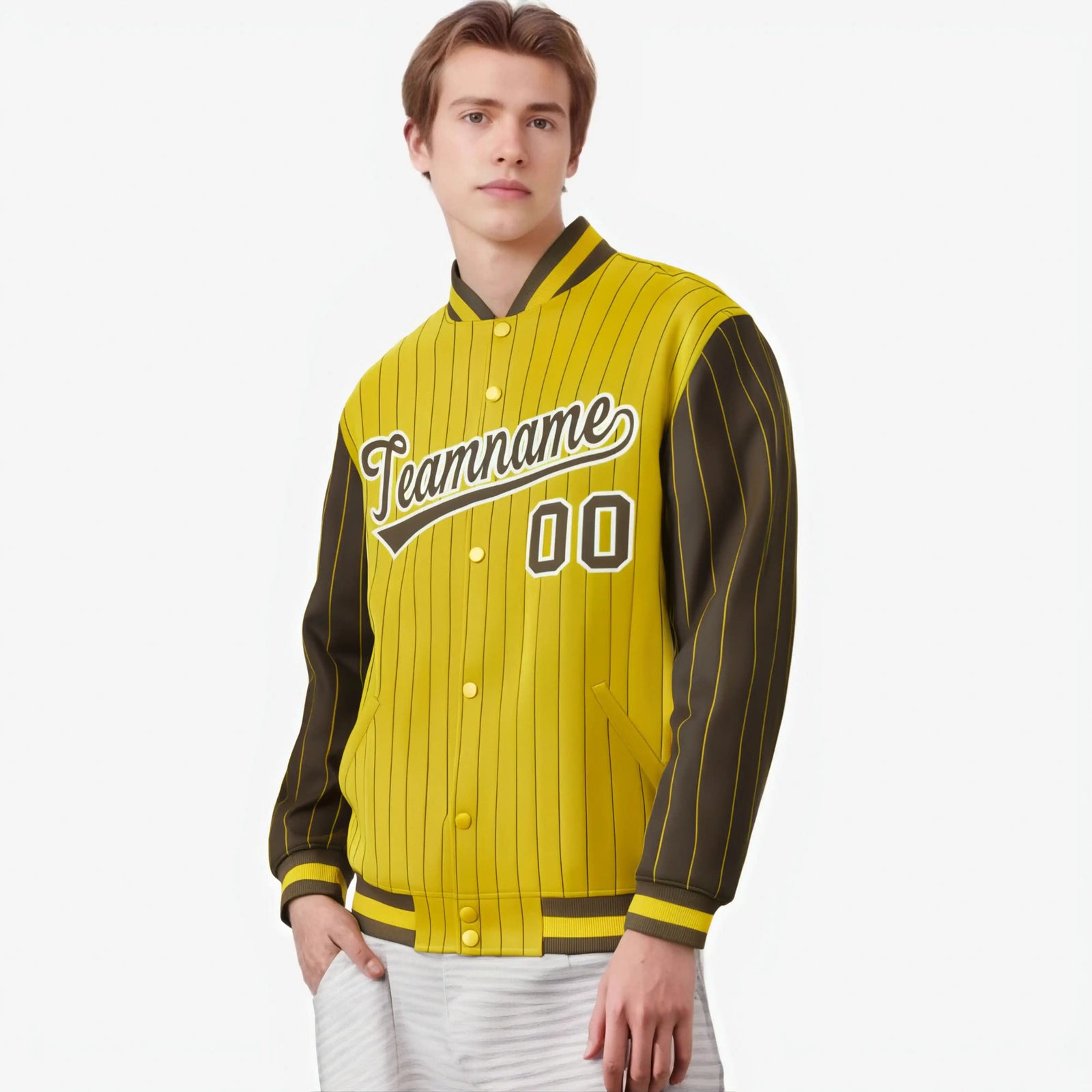 Custom Gold Brown-Gold Personalized Stripe Fashion Letterman Bomber Varsity Jacket