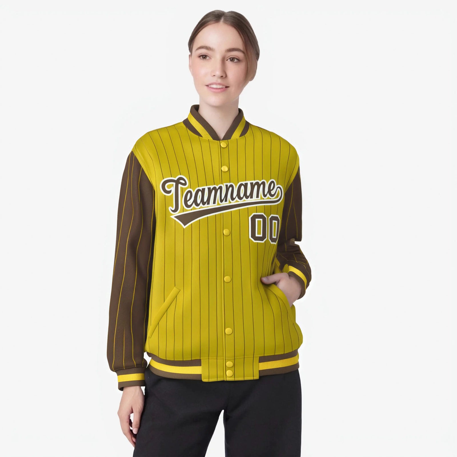 Custom Gold Brown-Gold Personalized Stripe Fashion Letterman Bomber Varsity Jacket