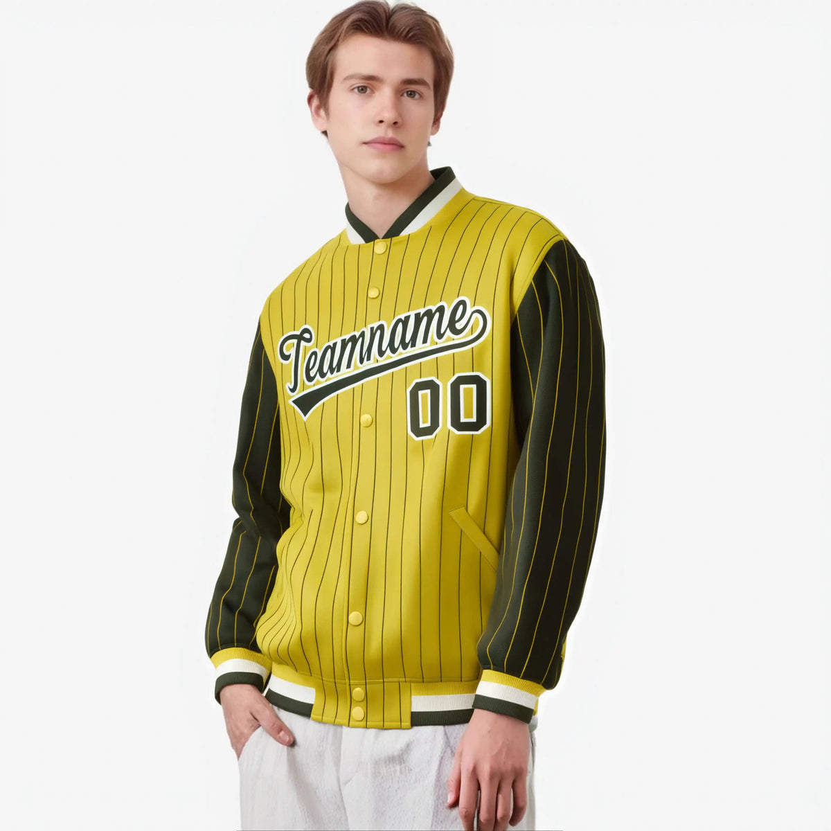 Custom Gold Olive-Gold Personalized Stripe Fashion Letterman Bomber Varsity Jacket