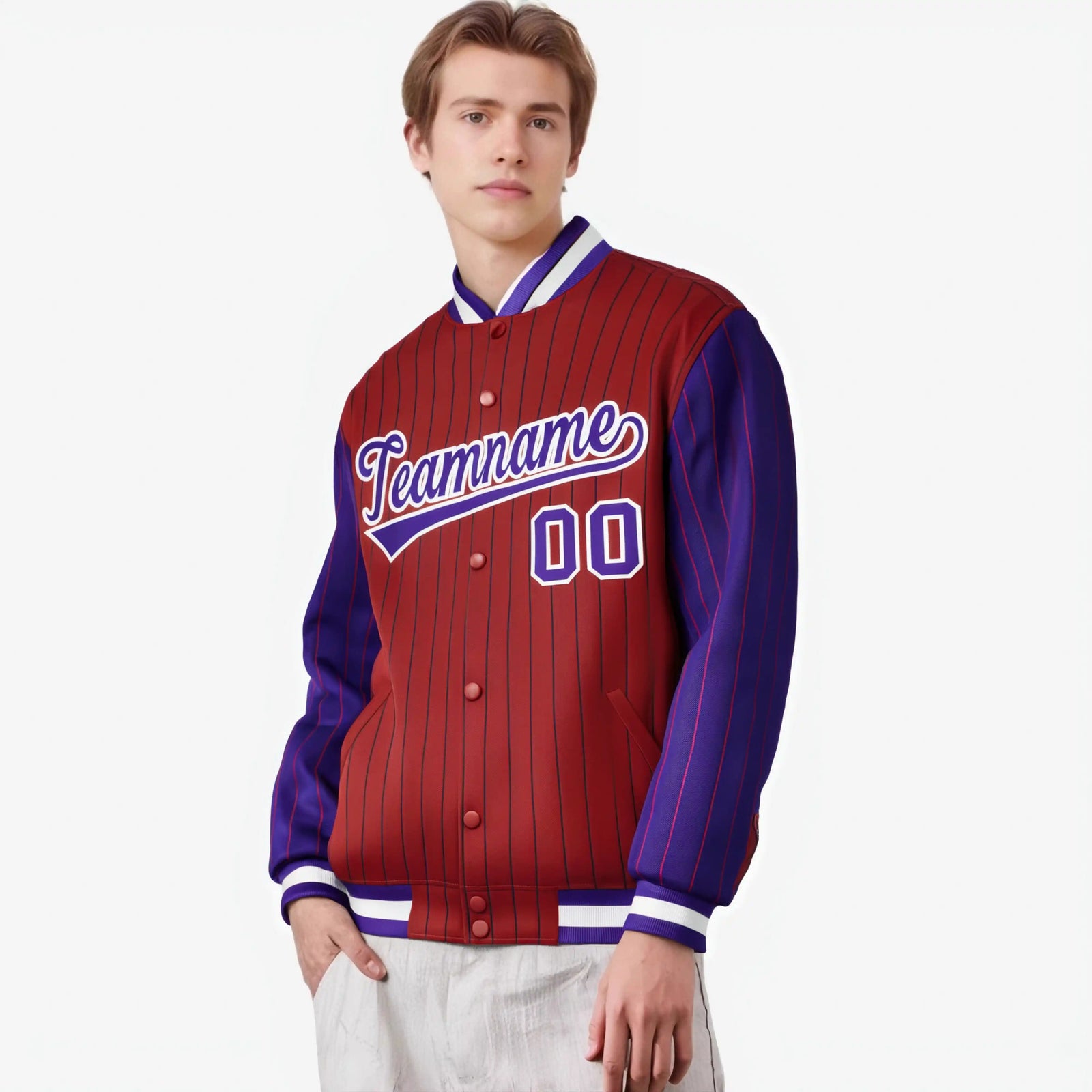 Custom Red Purple-Red Personalized Stripe Fashion Letterman Bomber Varsity Jacket