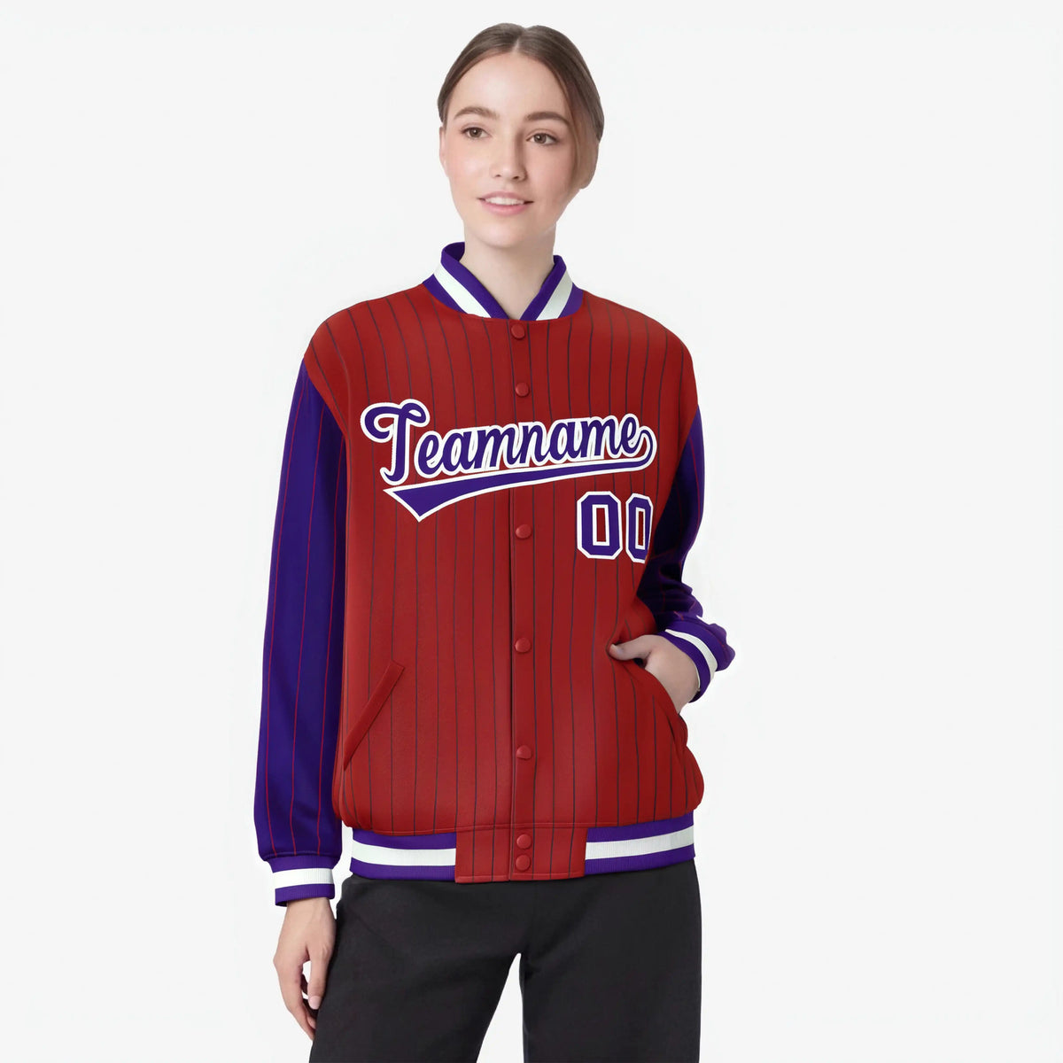 Custom Red Purple-Red Personalized Stripe Fashion Letterman Bomber Varsity Jacket