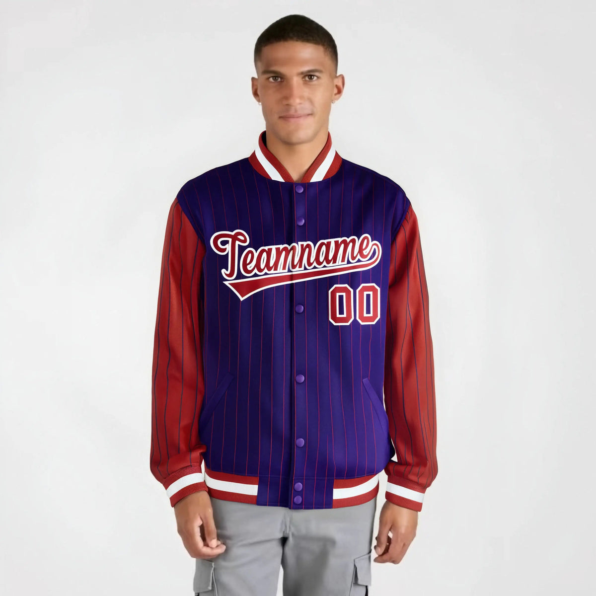 Custom Purple Red-Purple Personalized Stripe Fashion Letterman Bomber Varsity Jacket