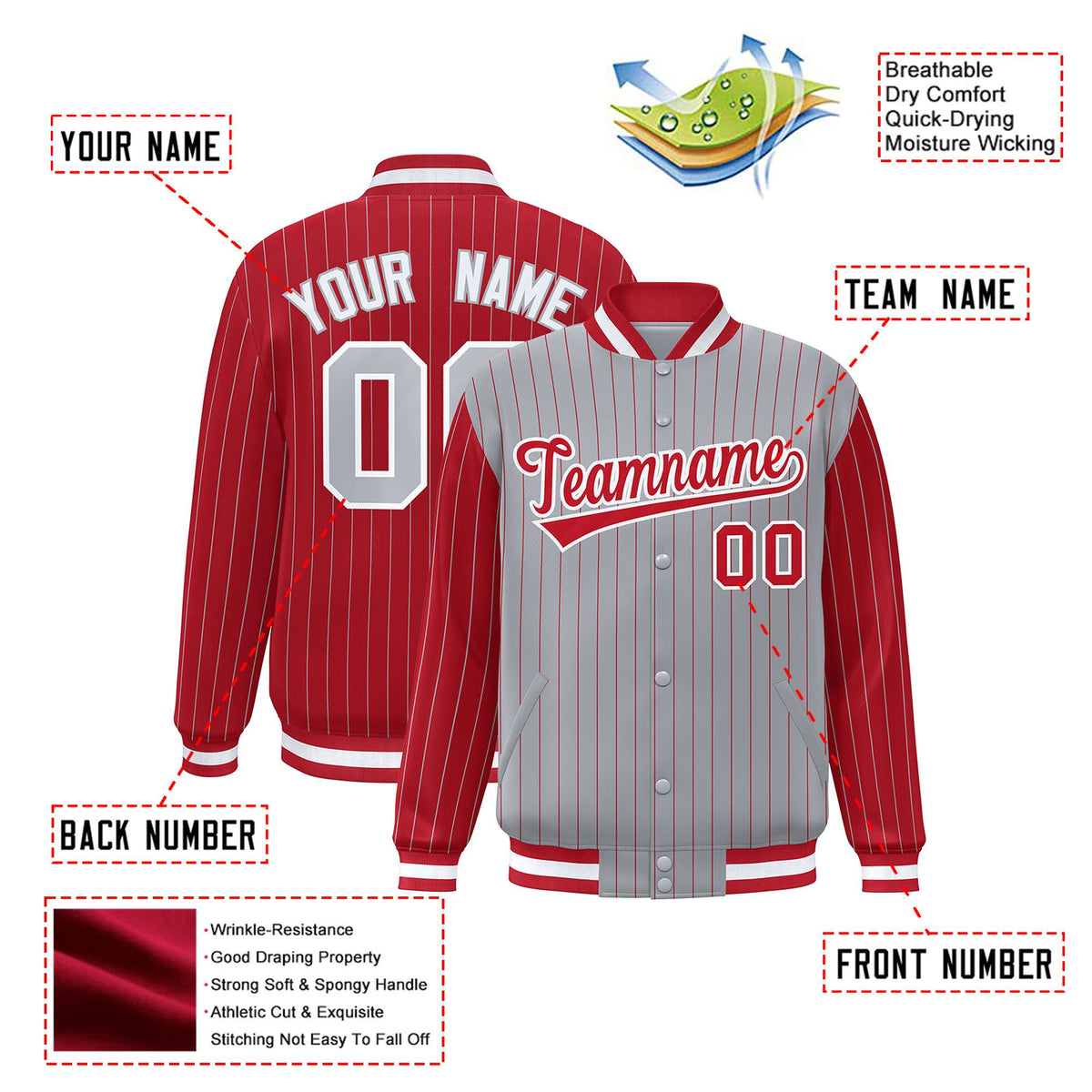 Custom Gray Red-Gray Personalized Stripe Fashion Letterman Bomber Varsity Jacket