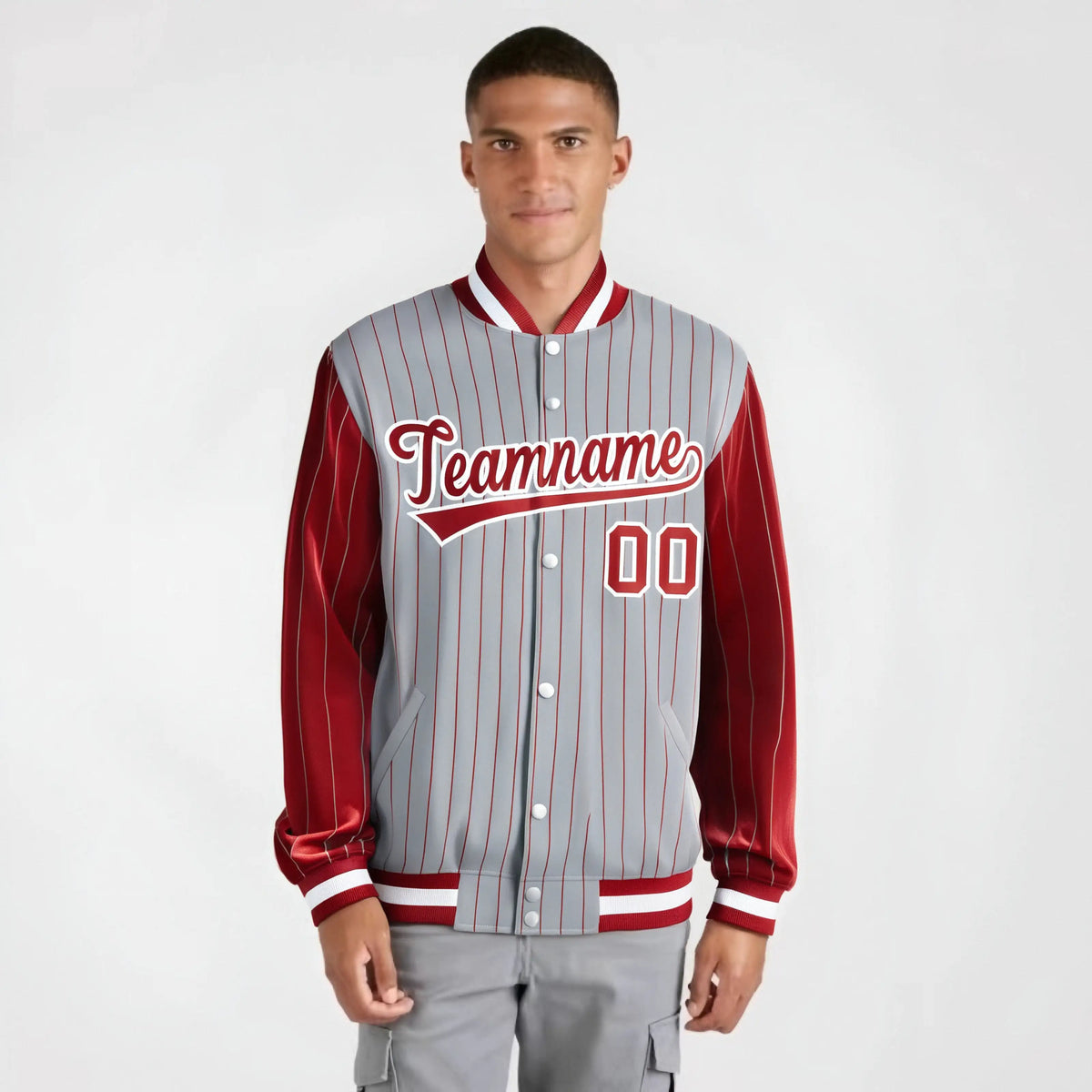 Custom Gray Red-Gray Personalized Stripe Fashion Letterman Bomber Varsity Jacket