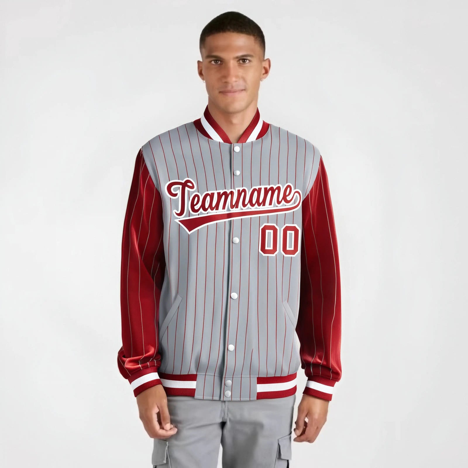 Custom Gray Red-Gray Personalized Stripe Fashion Letterman Bomber Varsity Jacket