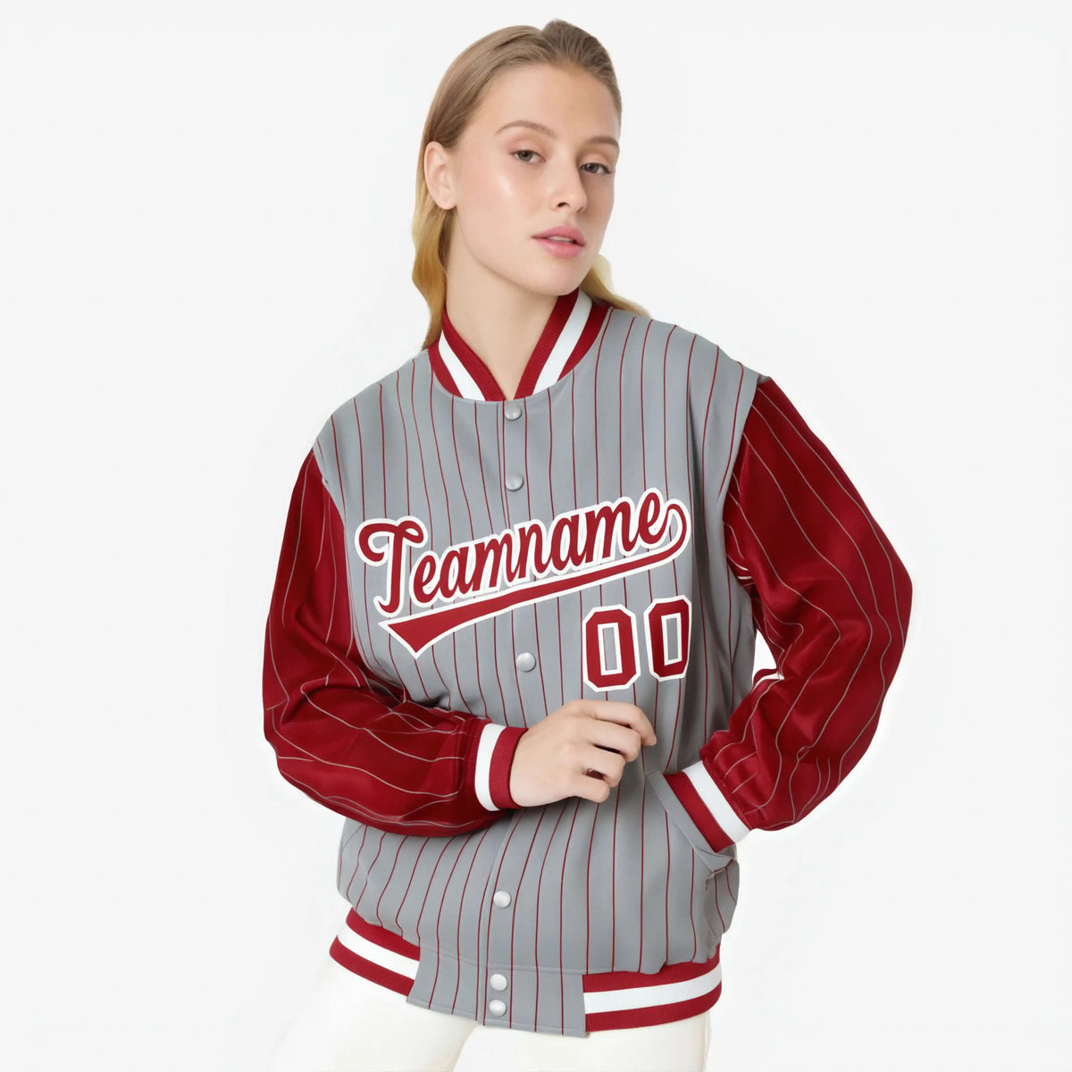 Custom Gray Red-Gray Personalized Stripe Fashion Letterman Bomber Varsity Jacket