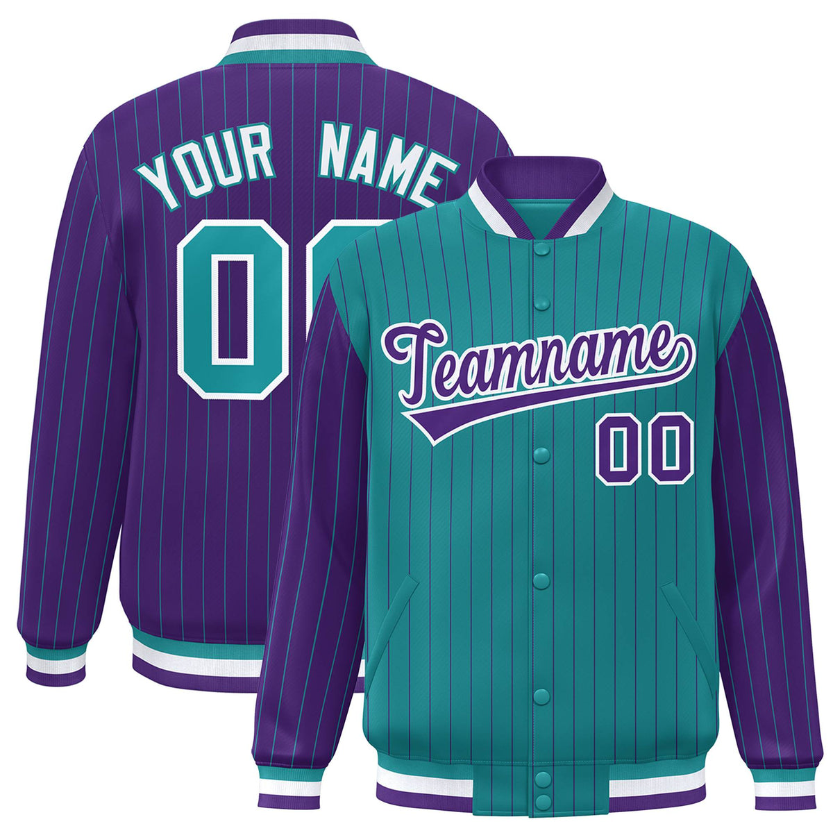 Custom Aqua Purple-Aqua Personalized Stripe Fashion Letterman Bomber Varsity Jacket