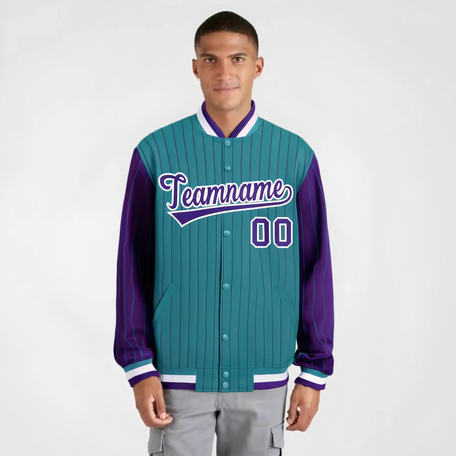 Custom Aqua Purple-Aqua Personalized Stripe Fashion Letterman Bomber Varsity Jacket