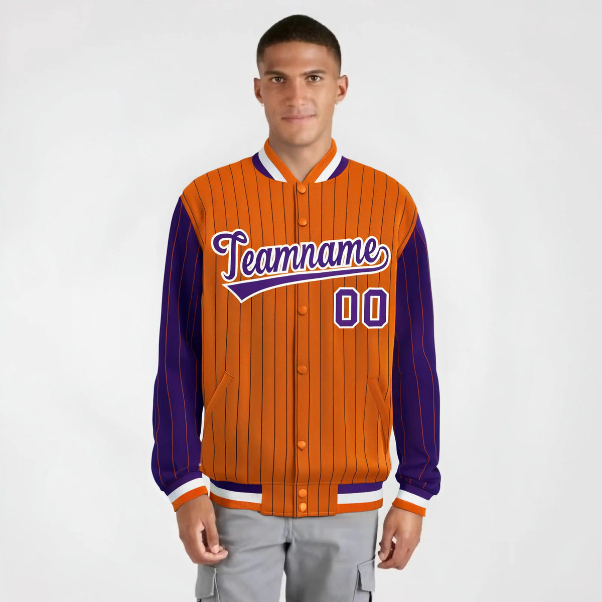 Custom Orange Purple-Orange Personalized Stripe Fashion Letterman Bomber Varsity Jacket