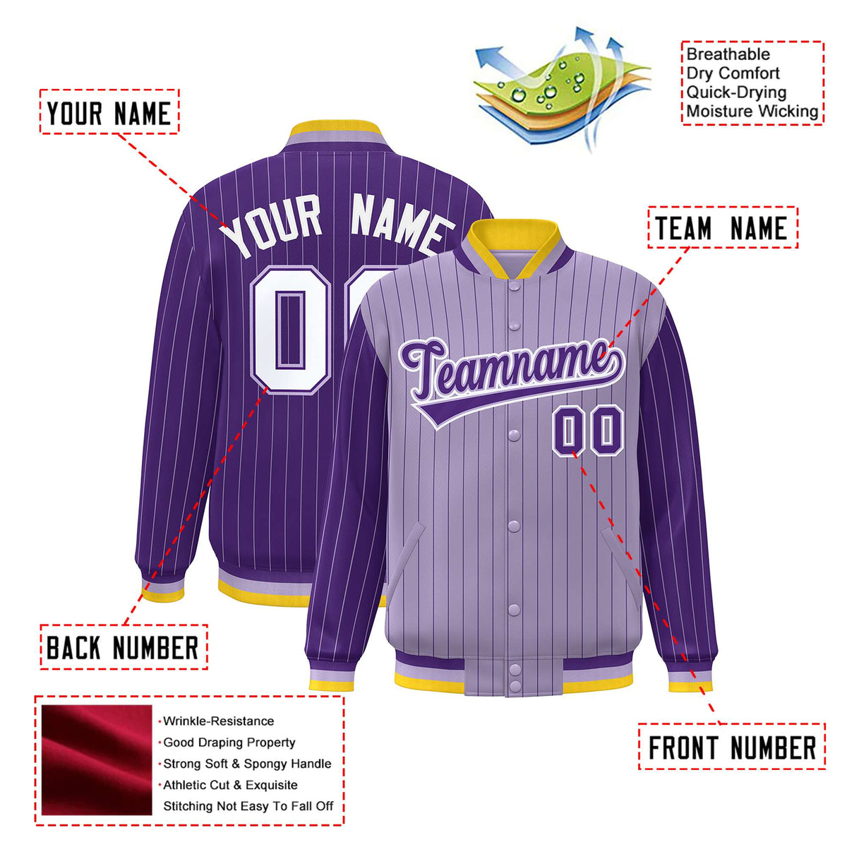 Custom Light Purple Purple-Light Purple Personalized Stripe Fashion Letterman Bomber Varsity Jacket