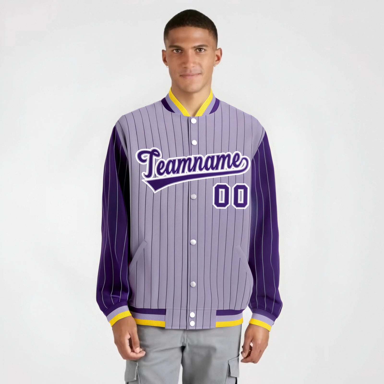 Custom Light Purple Purple-Light Purple Personalized Stripe Fashion Letterman Bomber Varsity Jacket